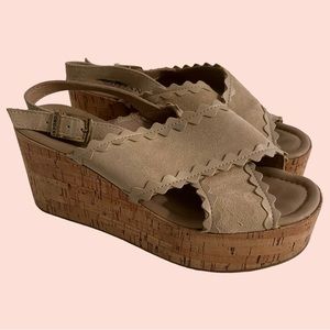 Cordani Tan Suede Leather "Jocelyn" Cross Band Cork Wedge Sandal 39(8.5)